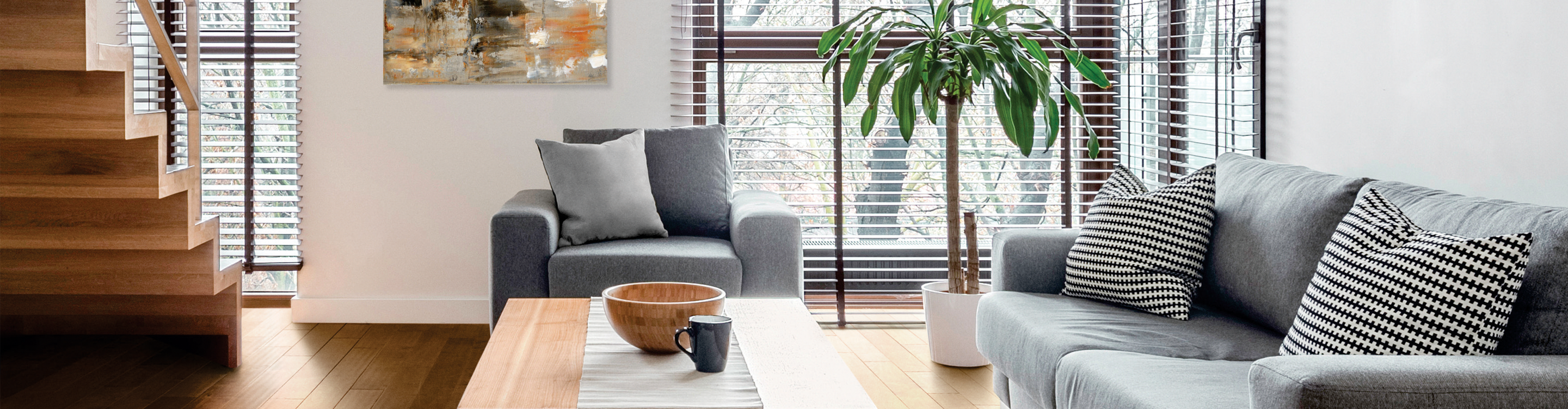 wood look blinds in living room area